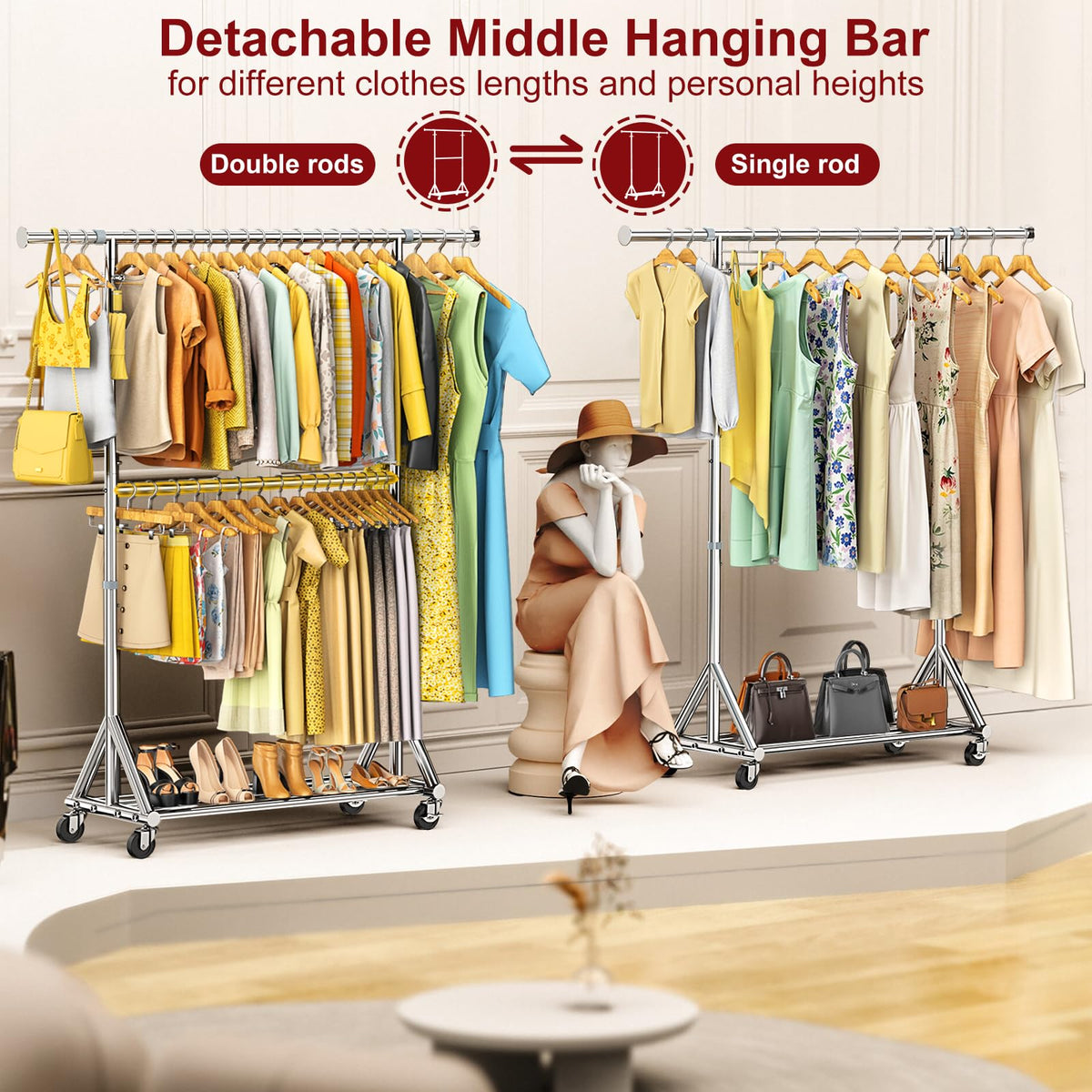 Steel Heavy Duty Tall Clothes Rack Load 860LBS, 73-81"H x 17"D x 42-63"W, Adjustable Two Tier