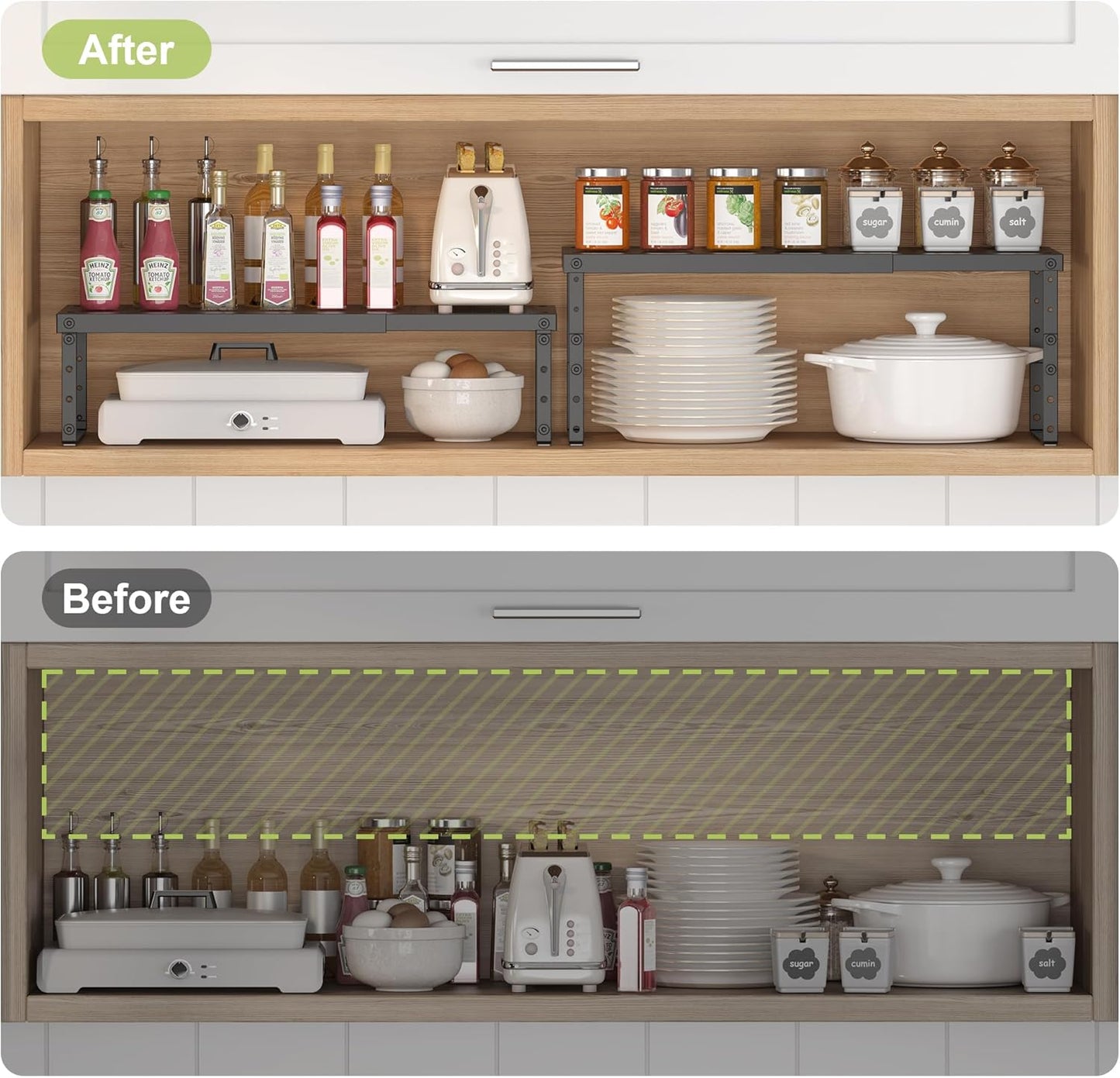 Expandable Cabinet Organizer Shelf With Adjustable Height, Stackable Kitchen Countertop Organizer