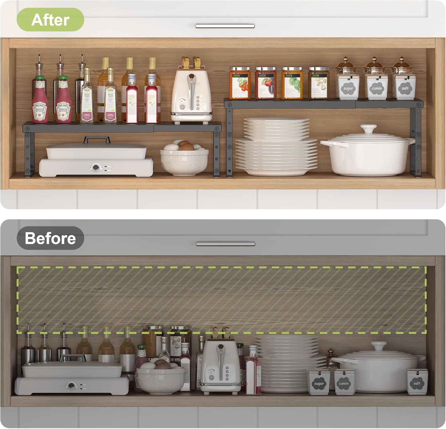 Expandable Cabinet Organizer Shelf With Adjustable Height, Stackable Kitchen Countertop Organizer