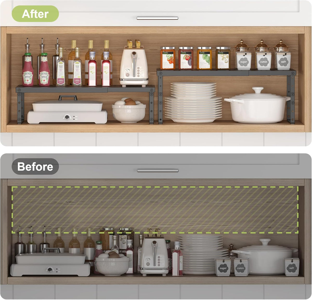 Expandable Cabinet Organizer Shelf With Adjustable Height, Stackable Kitchen Countertop Organizer