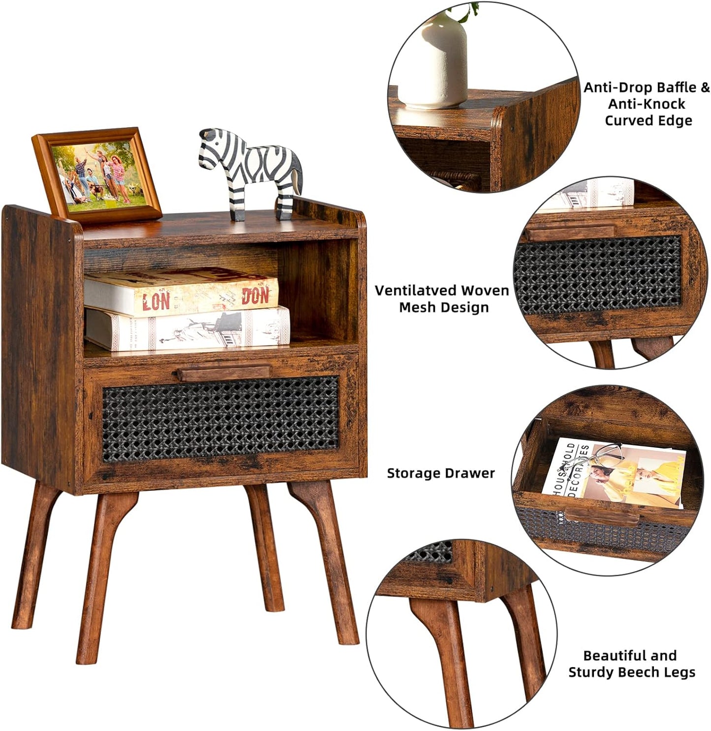 Lerliuo Rattan Nightstand, Boho Side Table with Drawer Open Shelf, Cane Accent Bedside End Table