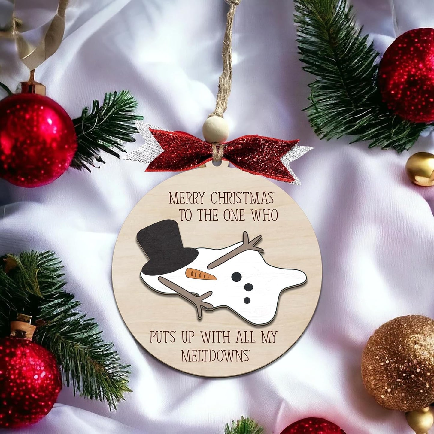 Funny Christmas Ornament – Snowman Meltdown Quote Wooden Round Tree Decoration, Hilarious Gift for