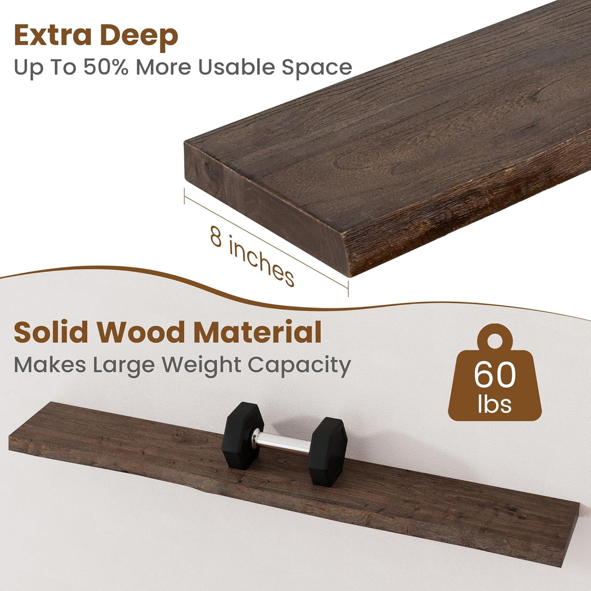 Floating Shelves for Wall Decor, Rustic Solid Elm Wood Live Edge Floating Shelves Wall Mounted