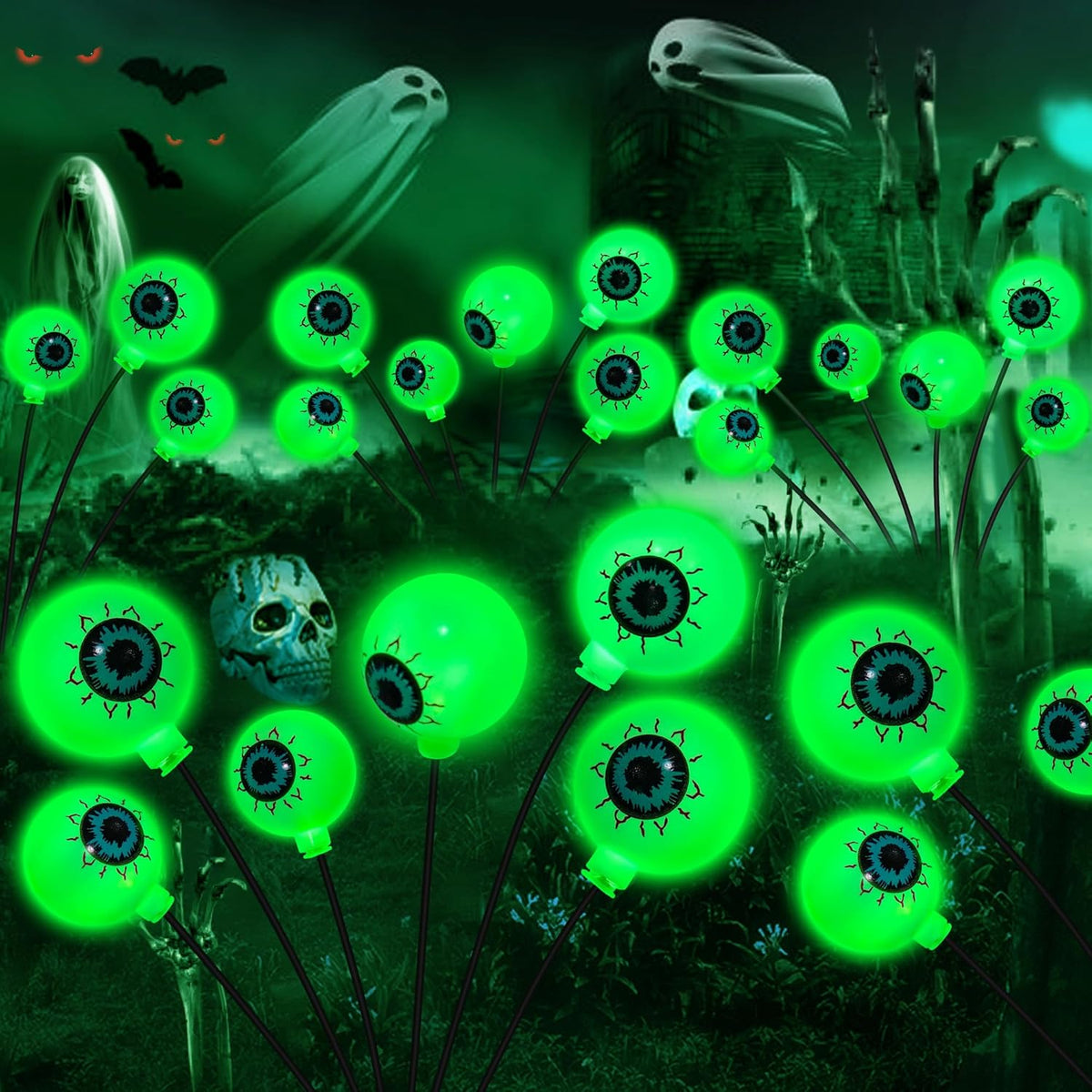Solar Halloween Decorations, 4 Pack 24 LED Spooky Eyeball Lights, Outdoor Waterproof Solar Green