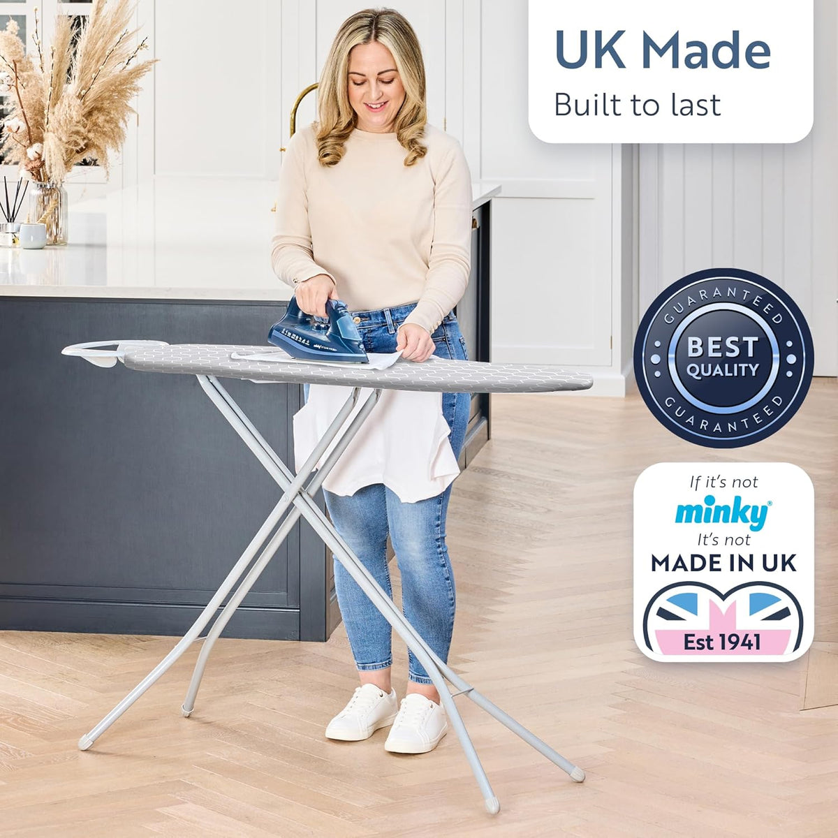 Minky Homecare Classic 4-Leg Ironing Board with Iron Rest - Freestanding Full Size Iron Board for