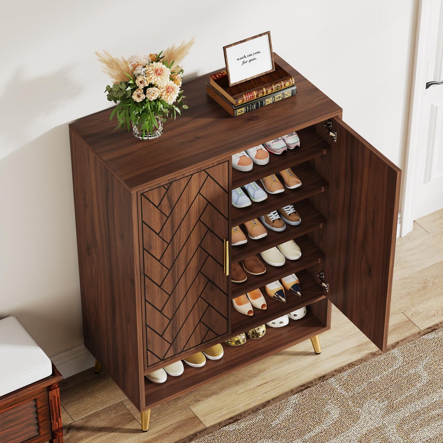 Tribesigns 6-Tier Shoe Cabinet with Doors, Wooden Shoe Storage Cabinet with Adjustable Shelves for