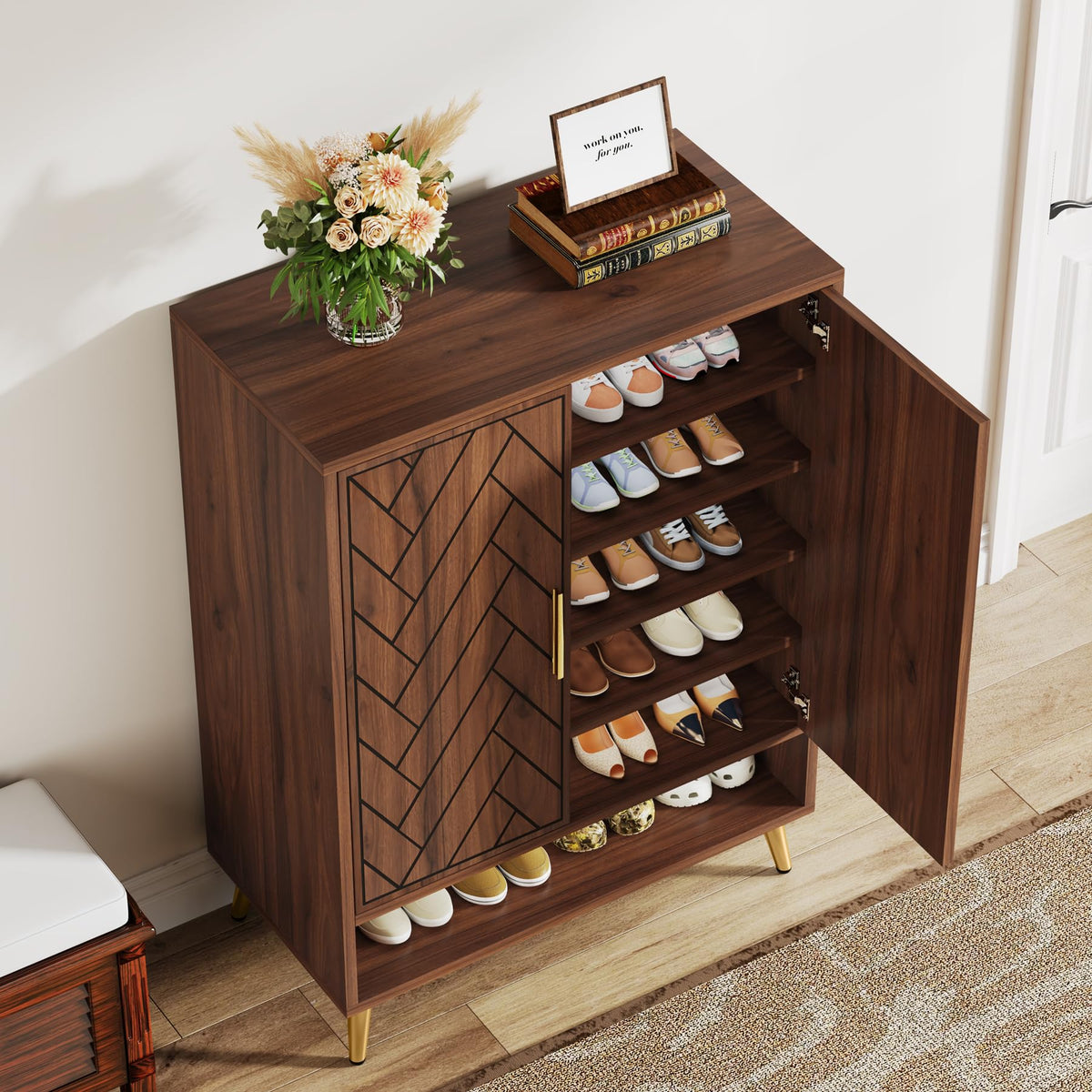 Tribesigns 6-Tier Shoe Cabinet with Doors, Wooden Shoe Storage Cabinet with Adjustable Shelves for