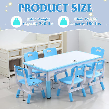 Kids Table and 6 Chairs Set with Graffiti Desktop, Toddler Furniture Set, Non-Slip, Table Children