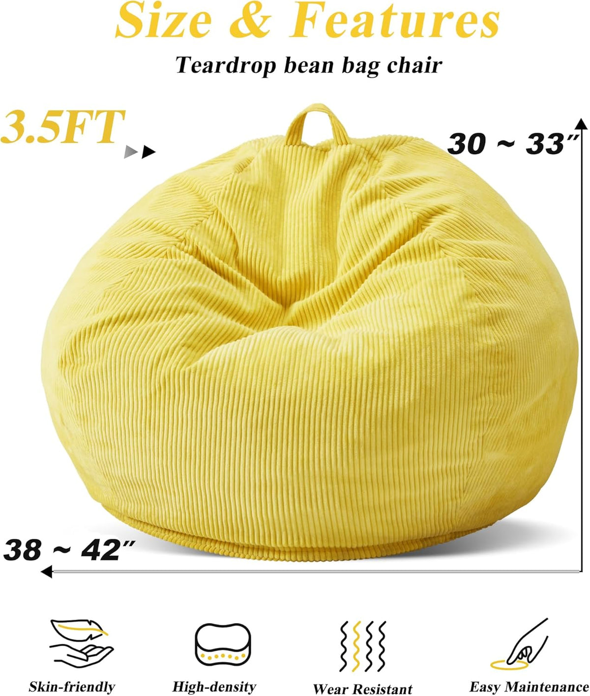 3.5FT Bean Bag Chairs Teardrop Bean Bag Chair for Adults Beanbag Chair with Memory Foam Filled