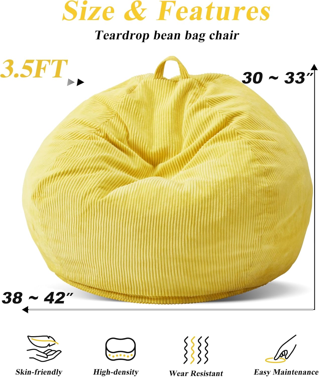 3.5FT Bean Bag Chairs Teardrop Bean Bag Chair for Adults Beanbag Chair with Memory Foam Filled