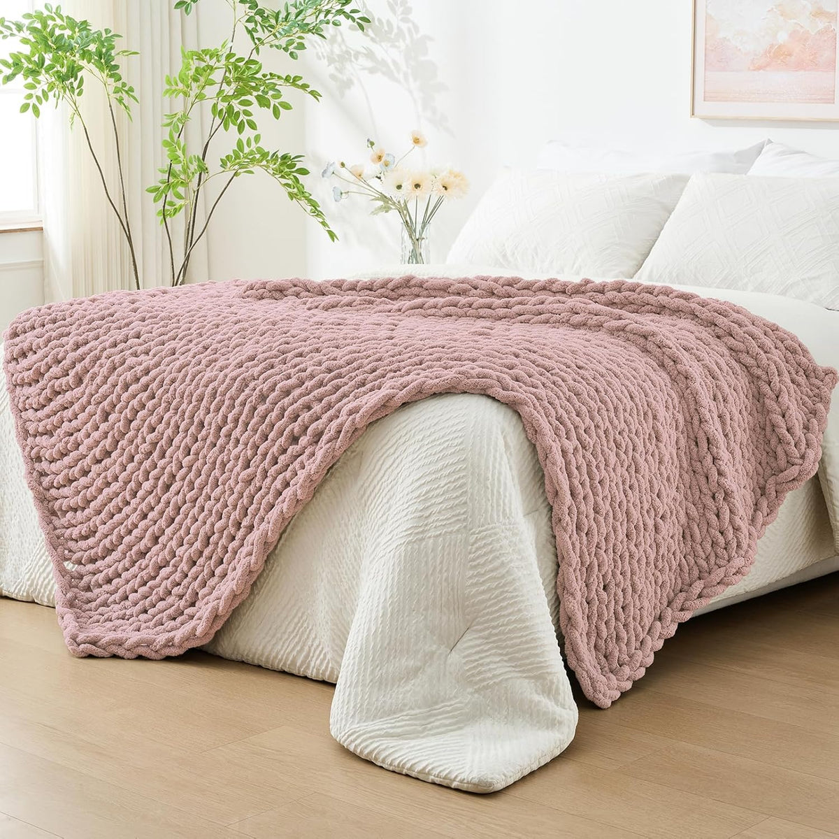 Bigacogo Chunky Knit Throw Blanket for Couch, 40x80 inches, 100% Hand Knitted with Thick Jumbo