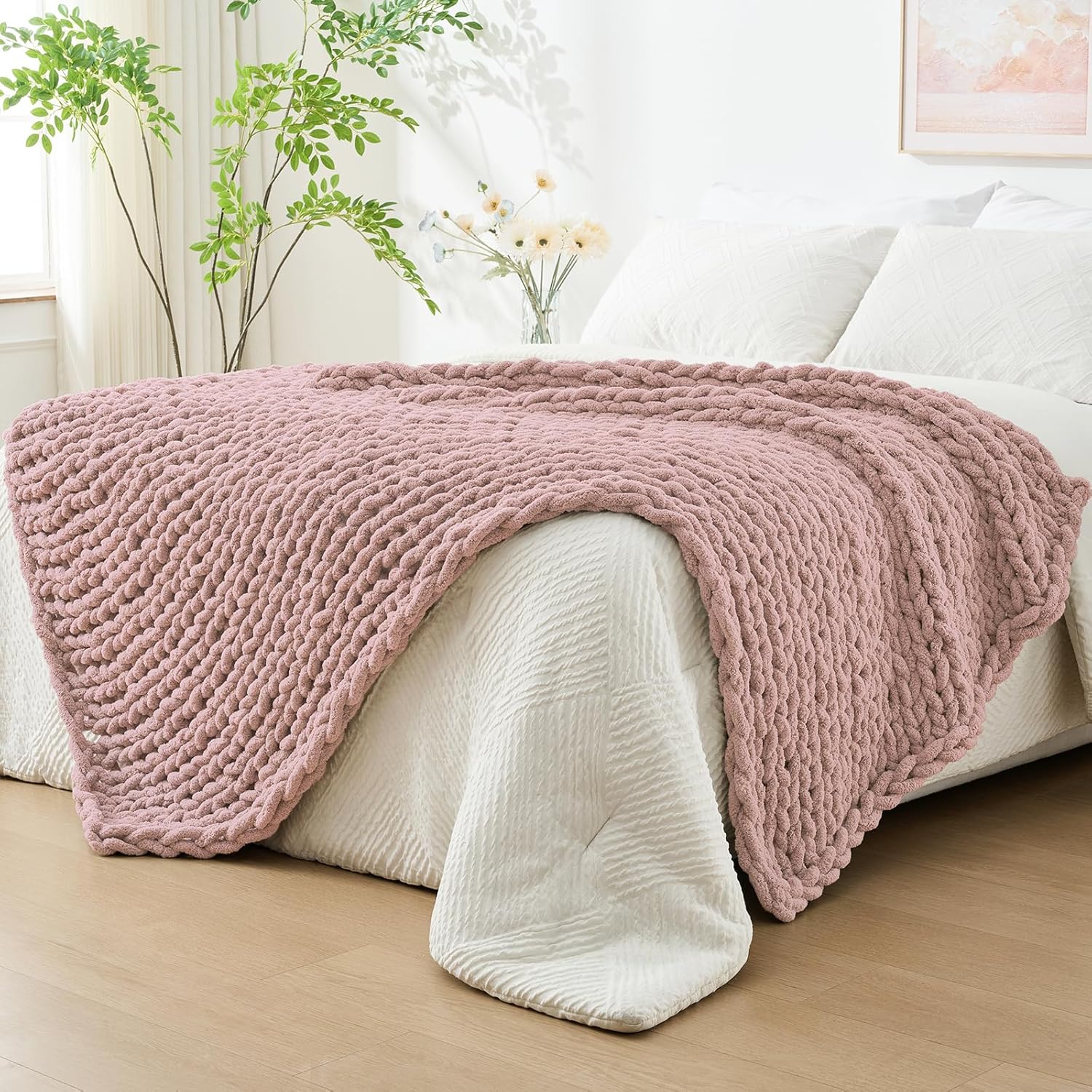Bigacogo Chunky Knit Throw Blanket for Couch, 60x80 inches, 100% Hand Knitted with Thick Jumbo