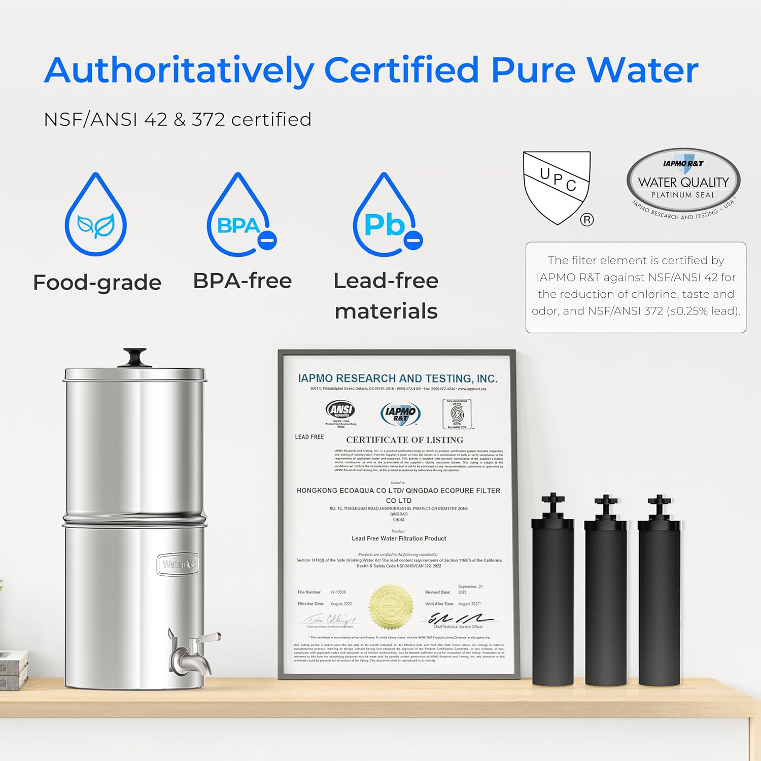 Waterdrop Gravity-fed Water Filter System, with Upgrade 3 Black Carbon Filters and Metal Spigot