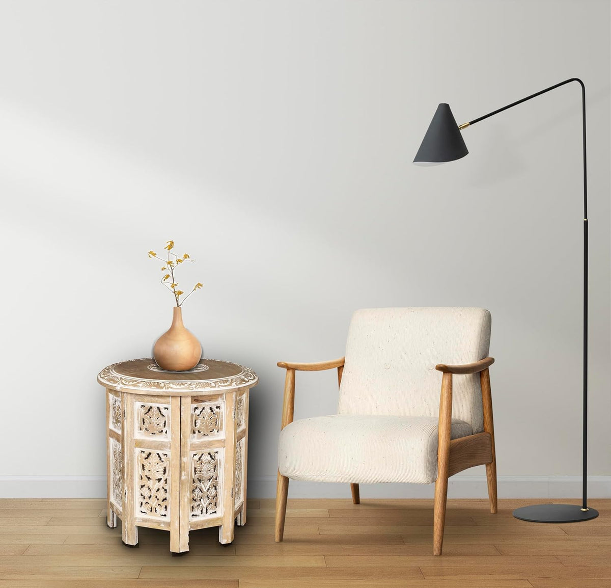 Lightnpro Hand Carved Solid Mango Wood Octagonal Accent Table - 18"×18" White Wash Farmhouse