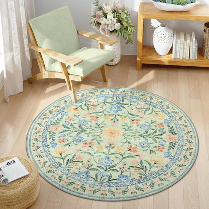 Wonnitar Washable Round Area Rug, 5ft Green Floral Round Rug Boho Soft Circle Carpet, Non Slip Low