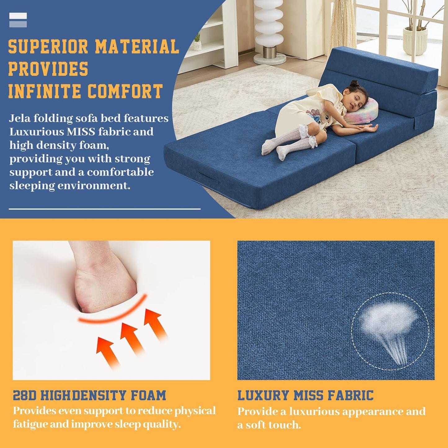 jela Foldable Sofa Bed Soft Foam Convertible Sleeper Chair Luxury Miss Fabric Fold Out Chair Bed