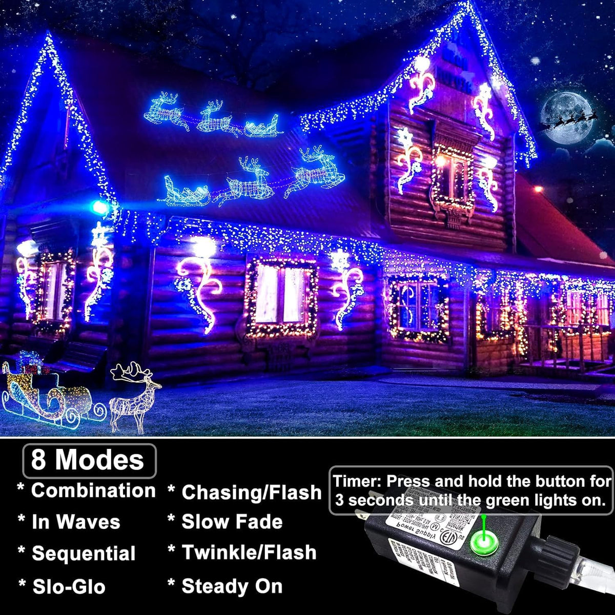 Icicle lights Outdoor - 33ft Christmas Lights with 400LED 75 Drops 8 Modes, Plug in Curtain String