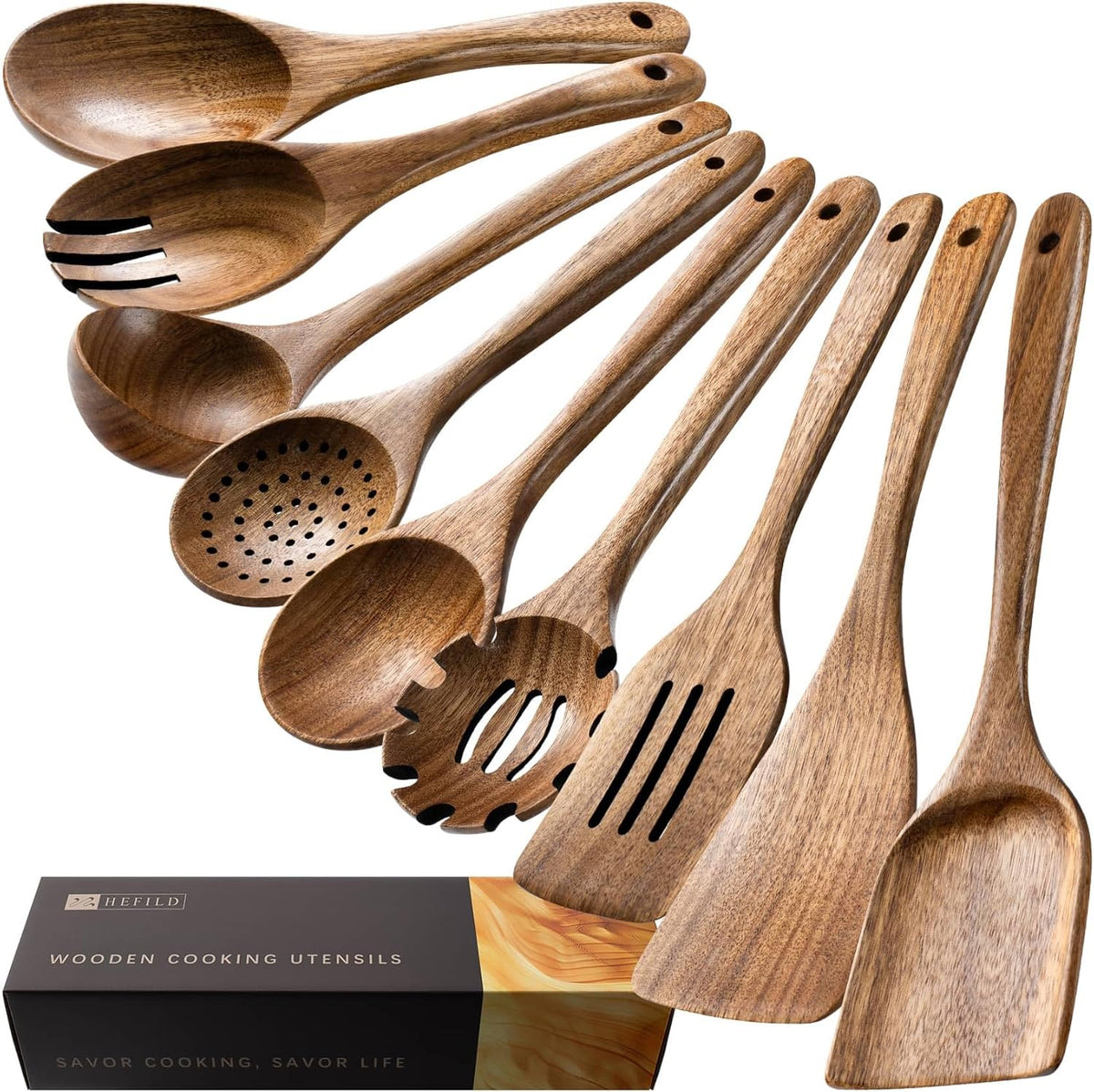 Wooden Spoons for Cooking, Nonstick Cooking Utensil Set with 9 Piece Acacia Wooden Spatulas and