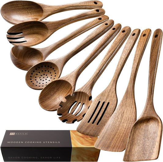 Wooden Spoons for Cooking, Nonstick Cooking Utensil Set with 9 Piece Acacia Wooden Spatulas and