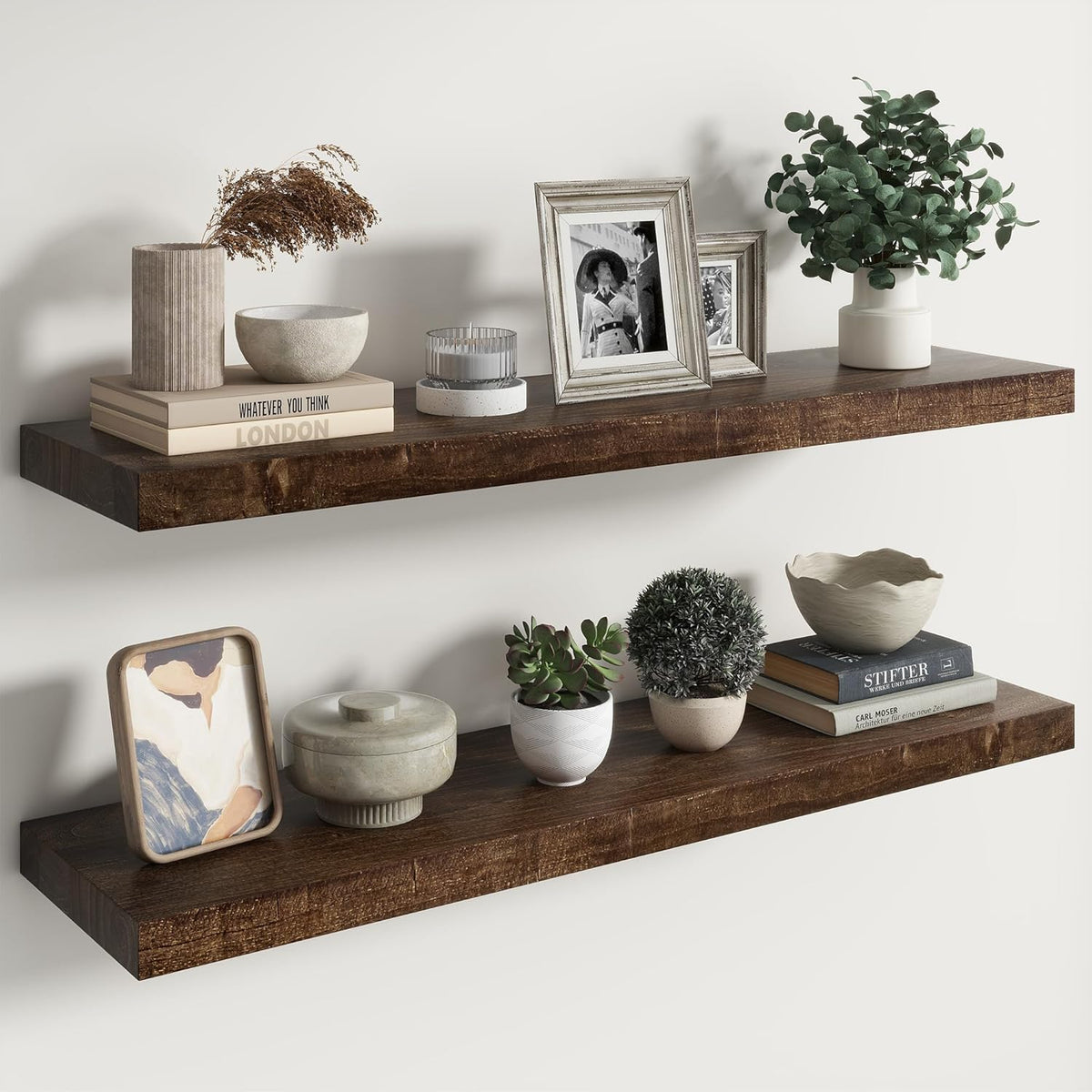 RICHFOCUS Elm Floating Shelves for Wall - 40" W x 9.3" D Rustic Solid Wood Shelves with Invisible