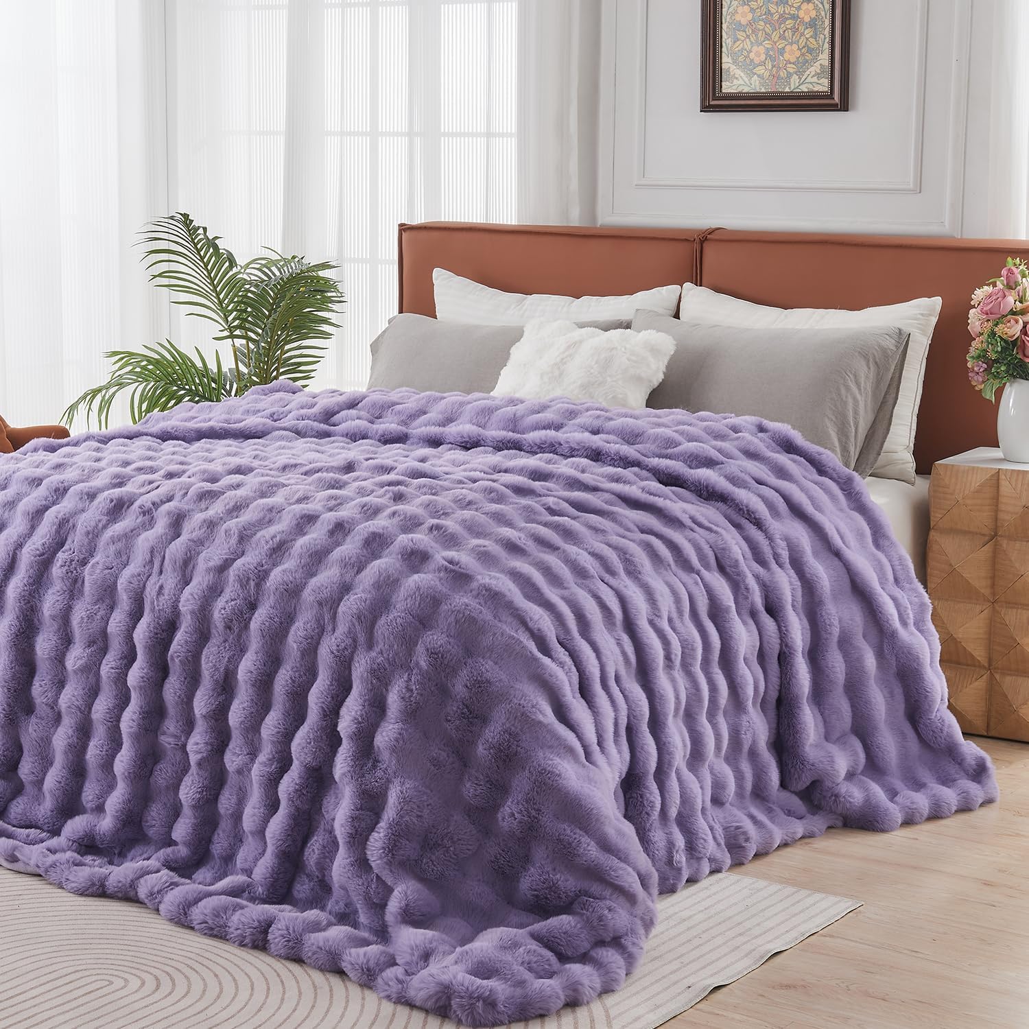 Lotus Karen Faux Fur Throw Blanket Purple - Big Bubble Rabbit Fluff Blanket for Couch Bed