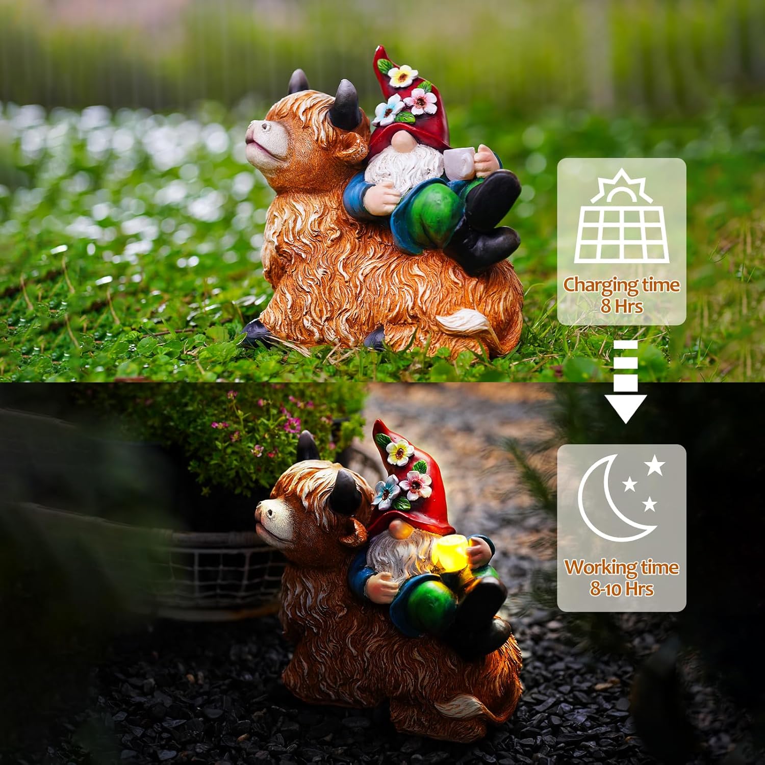 Garden Gnomes Decor Outdoor Statues Gnome on Highland Cow Hold Solar Cup Light Outdoor Decorations