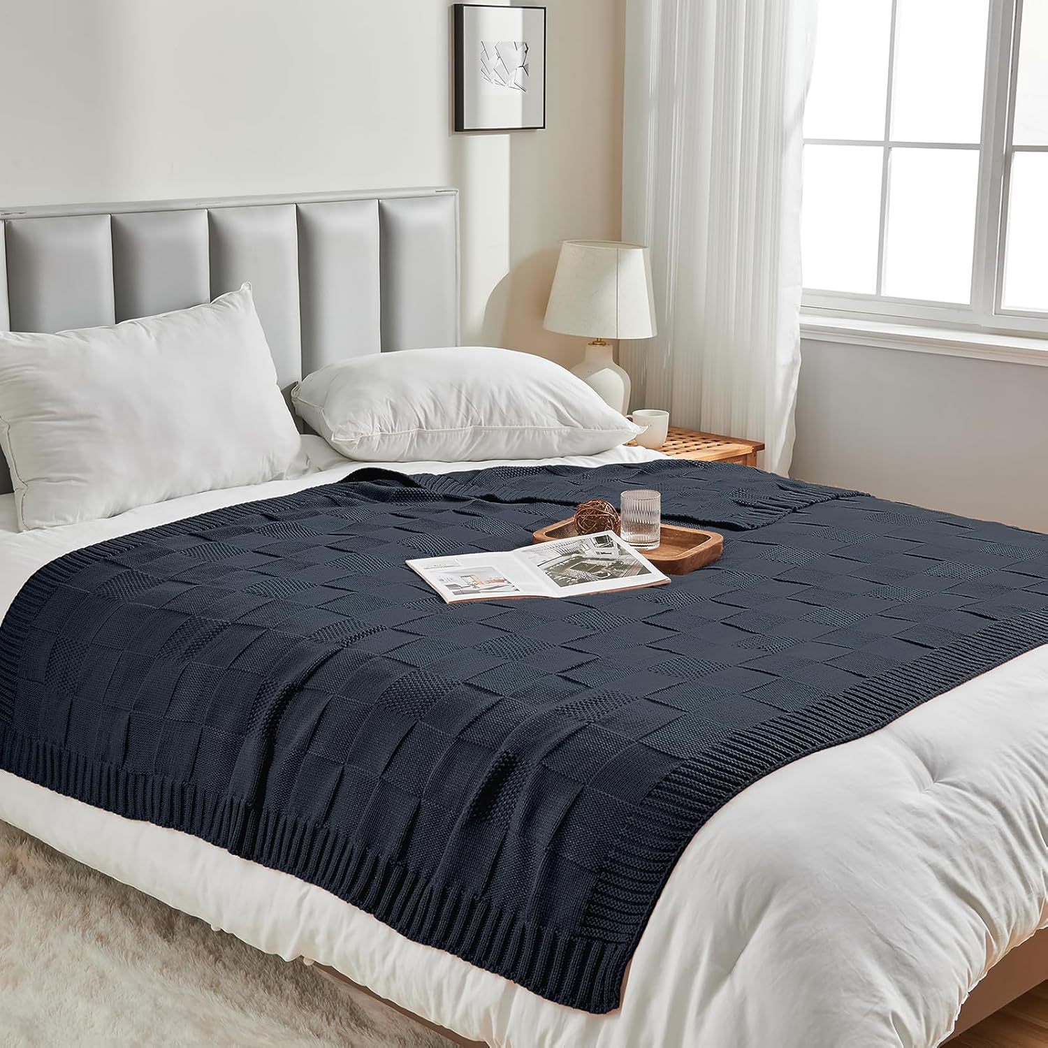 CozeCube Check Knit Throw Blanket, Midnight Navy Checkered Throw for Couch, Decorative Christmas