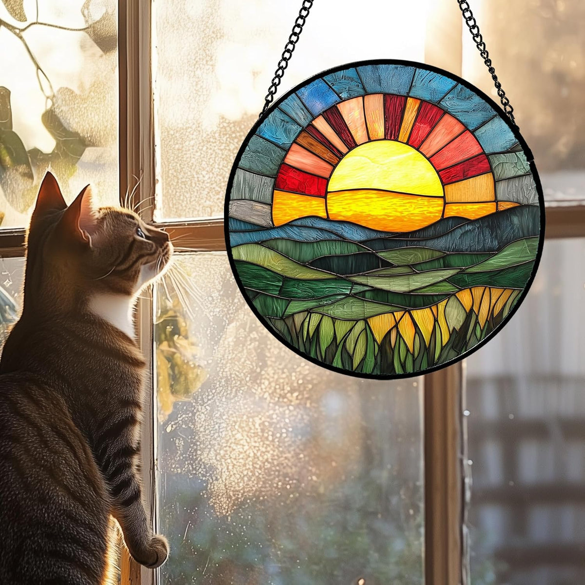 Stained Glass Window Hanging, Golden Red Sun Green Mountain Suncatcher for Window Home Decor Nature