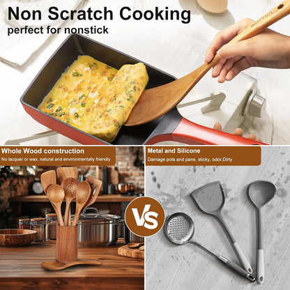 Wooden Spoons - Wooden Spoons for Cooking,Natural Wooden Kitchen Utensils Set Non Toxic,6-Piece