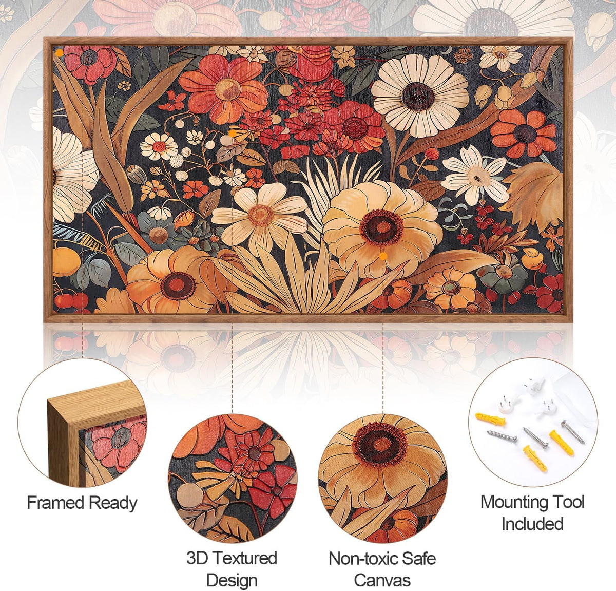 Aurlan Boho Burnt Orange Terracotta Wildflowers Framed Wall Art(40"x20"), Abstract Floral 3D