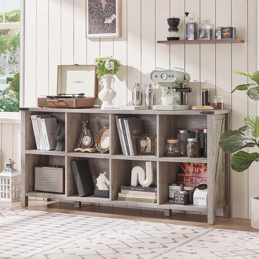 8 Cube Book Shelf, Farmhouse Wood Long Storage Organizer Bookcase, 62" Horizontal Grey Oak Console