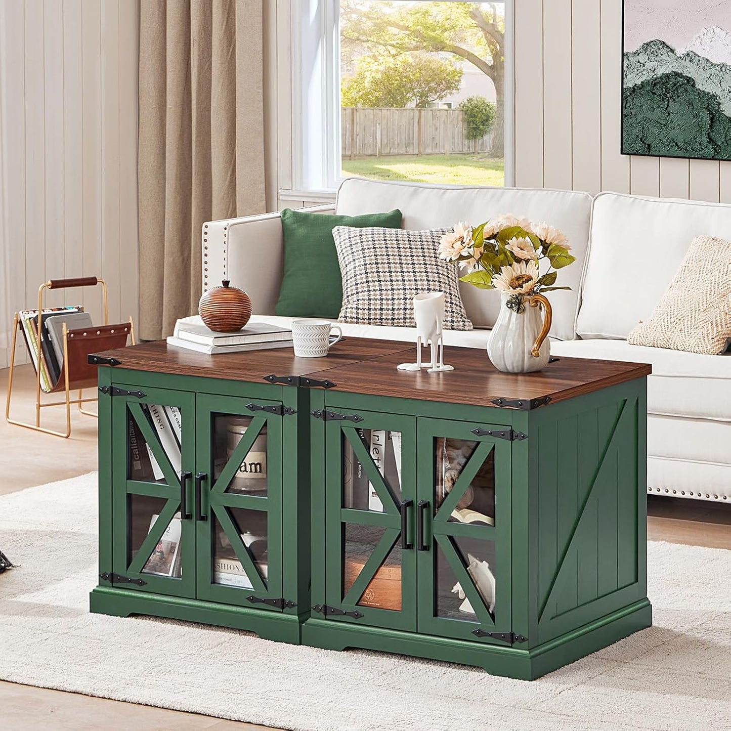 24" End Table Set of 2 with Charging Station, Farmhouse Night Stand with Glass Barn Door
