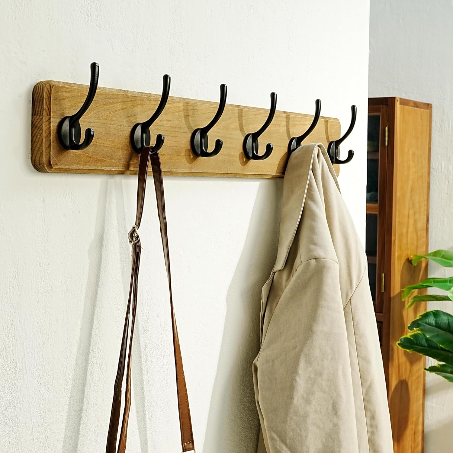 Dseap Wall Mounted Coat Rack: 24" Long, Patented, Heavy-Duty, 6-Double-Hooks Wooden Hanger Rail for