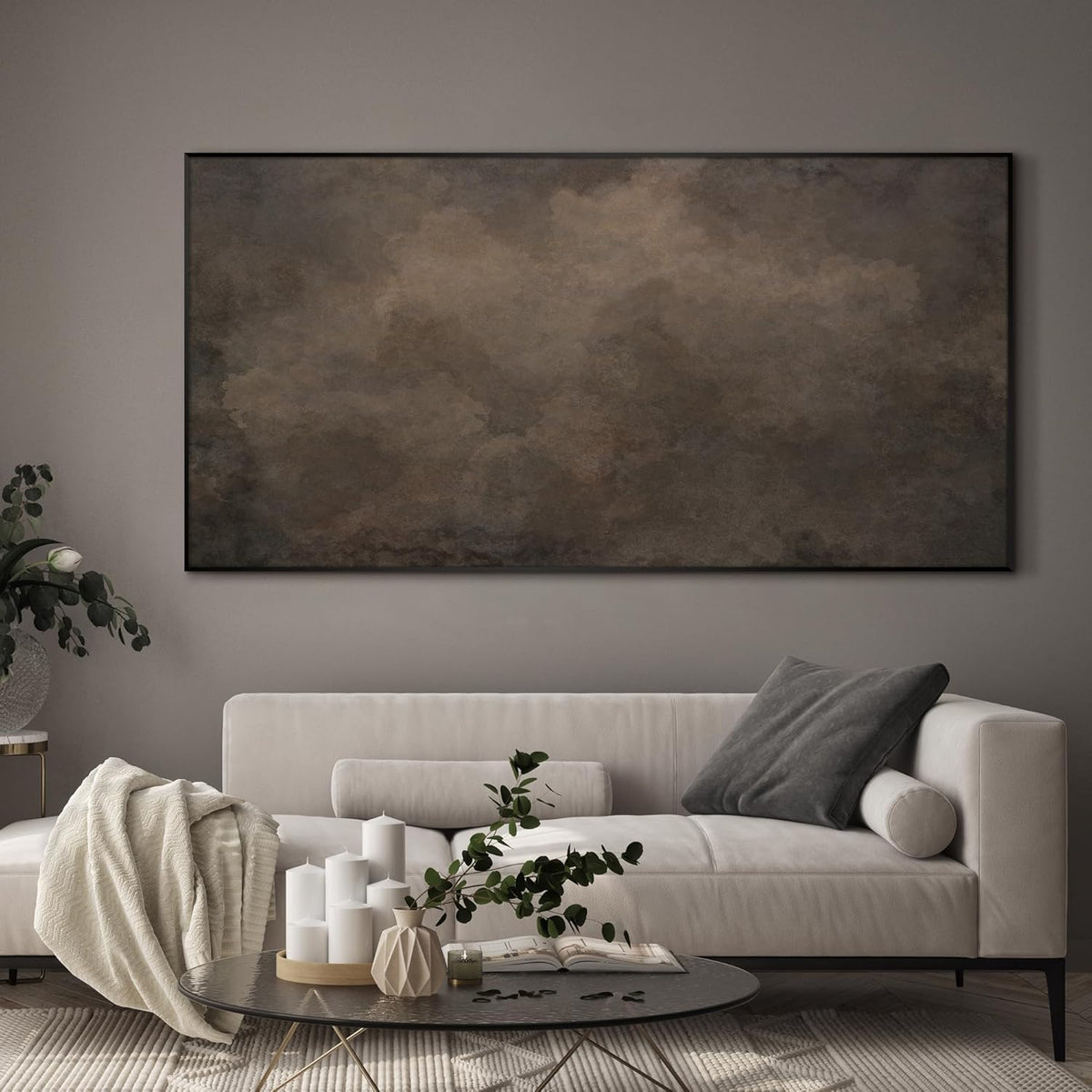SIGNWIN 36"x72" Extra Large Framed Wall Art Neutral Cloudy Abstract Illustration, Soft Atmospheric