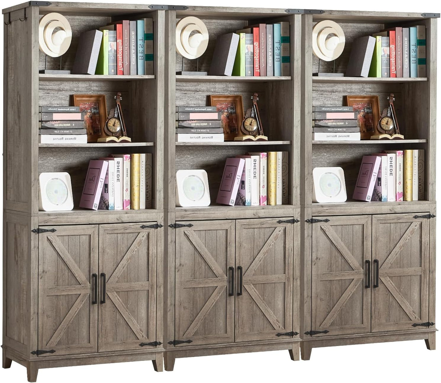 5 Tier Bookshelf 70in Tall Bookcase with Barn Doors and Storage Cabinet, Grey Farmhouse Book Shelf