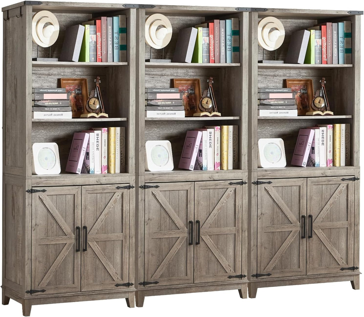 5 Tier Bookshelf 70in Tall Bookcase with Barn Doors and Storage Cabinet, Grey Farmhouse Book Shelf
