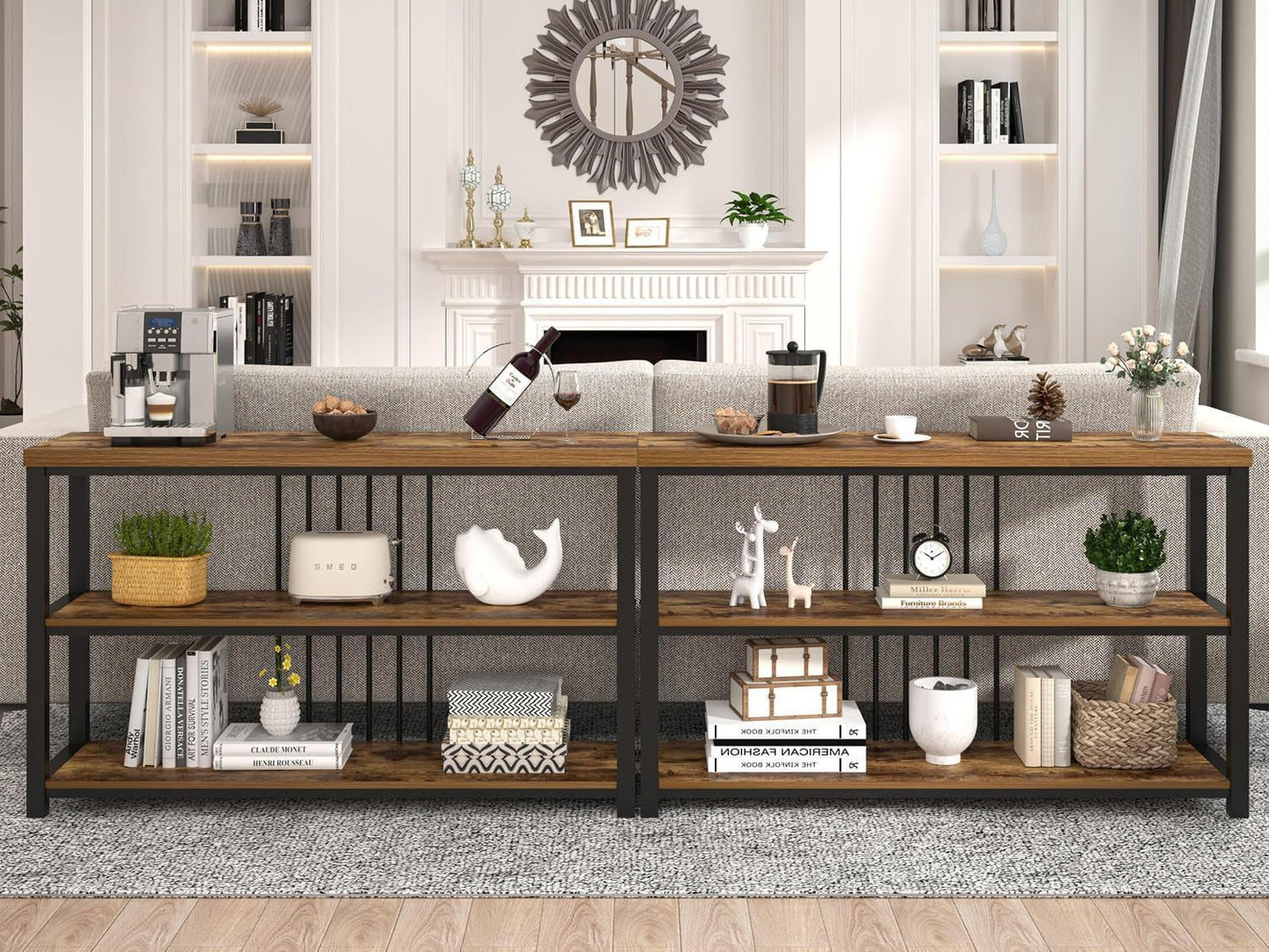 FOLUBAN Industrial Console Table, 3 Tier Entryway Table, Sofa Foyer Table for Living Room Hallway
