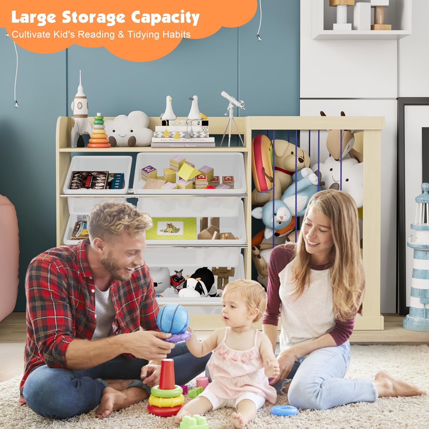 Kids Toy Storage Organizer with 6 Removable Plastic Bins Toddler Montessori Bookshelf with Stuffed