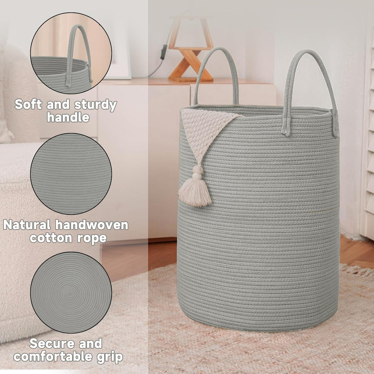 Large Woven Laundry Basket Hamper,60L Cotton Rope Storage Bin for Blankets,Toys and