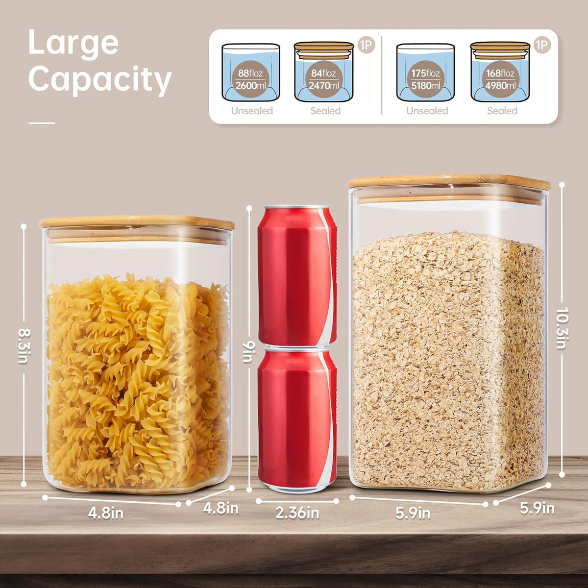 Extra Large Square Glass Flour & Sugar Storage Containers with Airtight Lids, 168oz & 84oz - 2 Pack