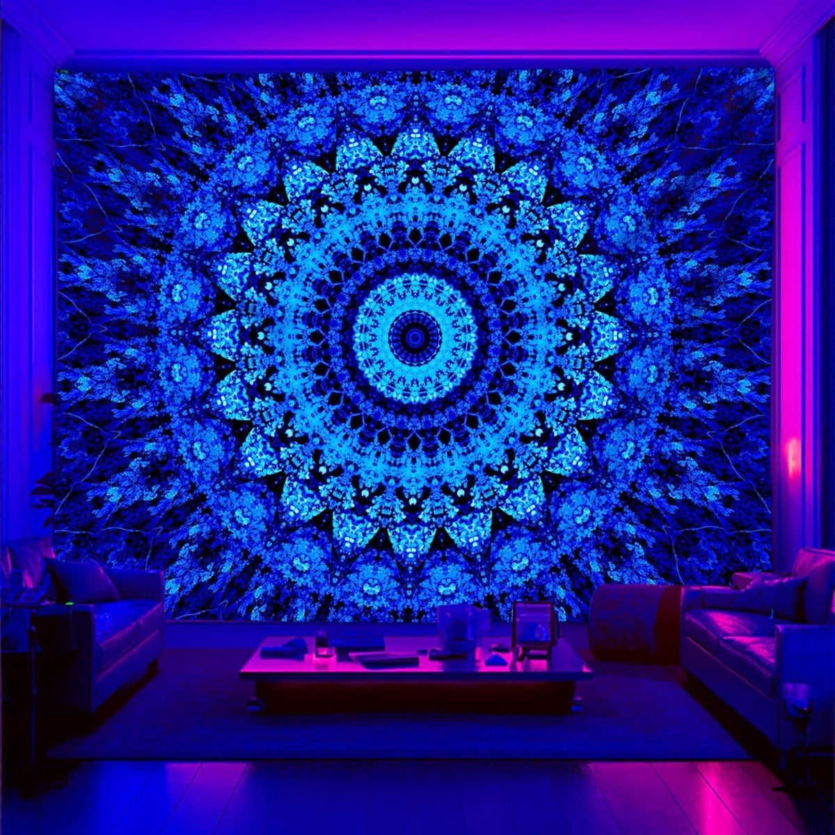 PSYHILAR Blacklight Mandala Tapestry for Bedroom, Black Light Posters for Adults and Teens, Neon UV