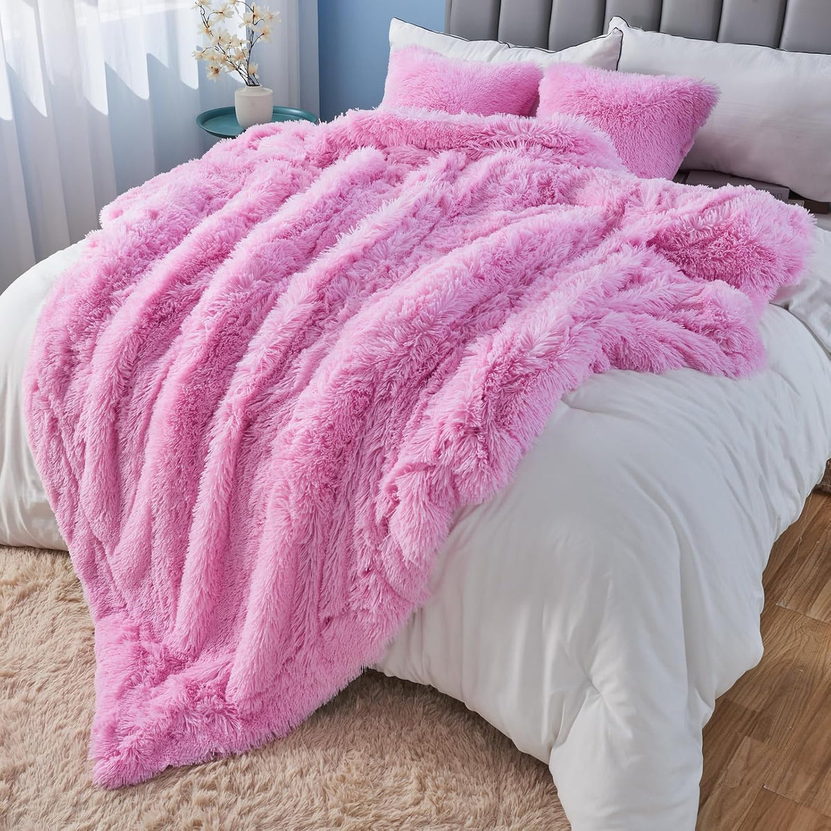 GONAAP Fuzzy Faux Fur Throw Blanket Queen Size Light Pink Super Soft Cozy Plush Fuzzy Shaggy