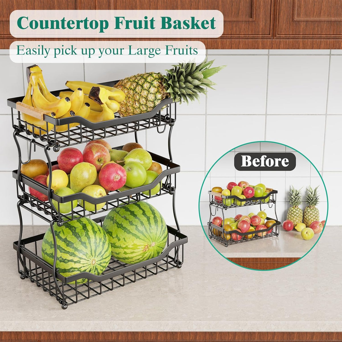 Giwil 3 Tier Countertop Fruit Basket for Kitchen, Vegetable Storage Bread Fruit Bowl Stand with 2