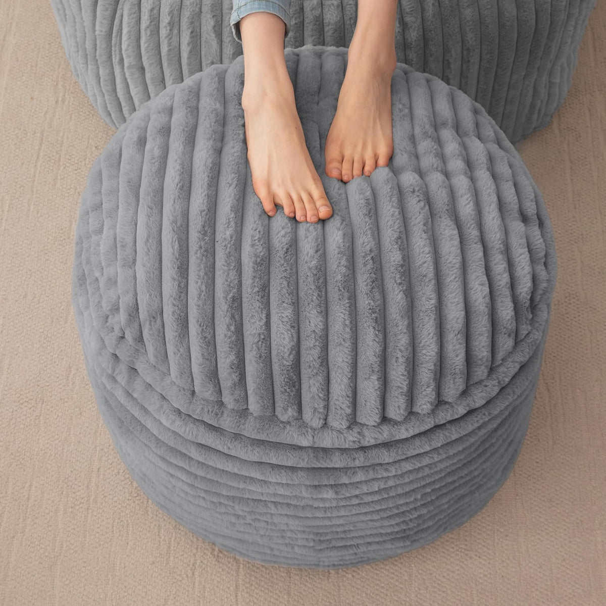 HIGOGOGO Round Stuffed Pouf Ottoman, Stripe Faux Fur Poufs with Foam Chunk Filling, Furry and