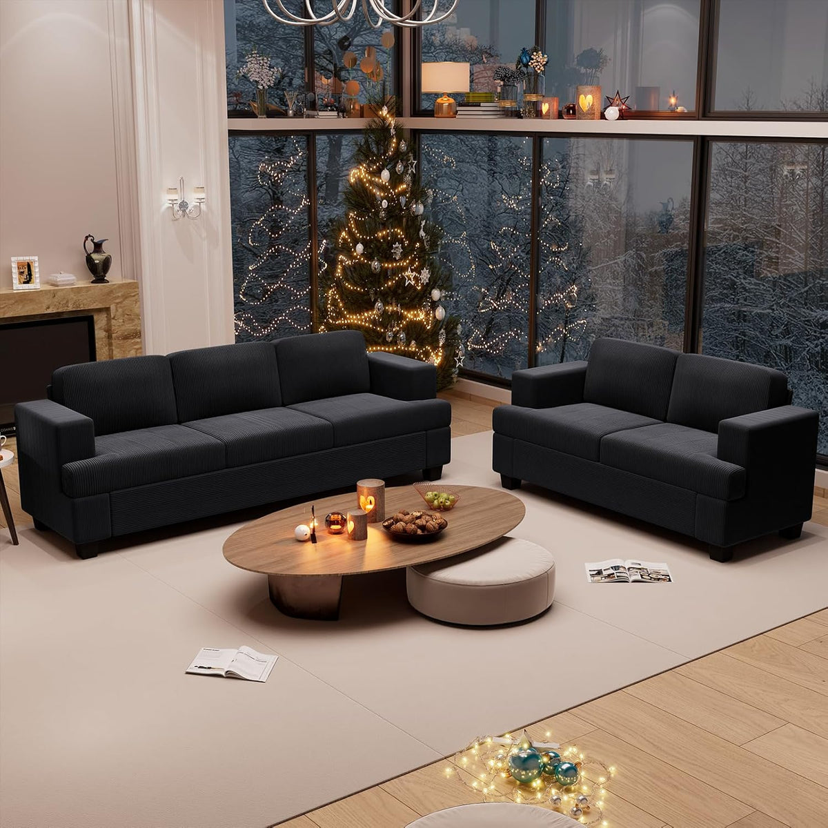 2 Pieces Corduroy Couch Set for Living Room, Black Cloud Sofa, Deep Seat Floor Couch for Bedroom