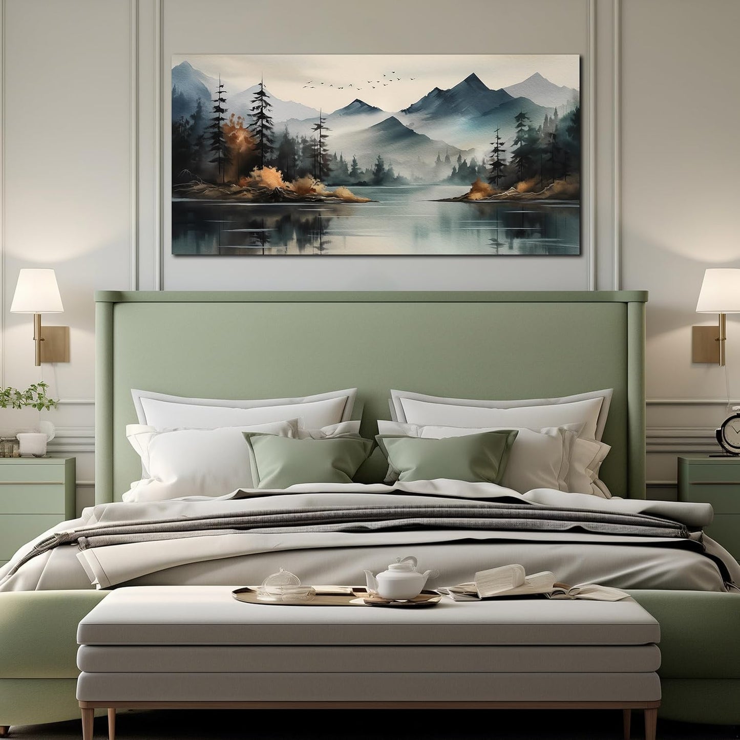 Rustic Wall Art for Living Room Large Size Teal Mountain Tree Landscape Canvas Wall Art for Bedroom