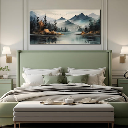 Rustic Wall Art for Living Room Large Size Teal Mountain Tree Landscape Canvas Wall Art for Bedroom