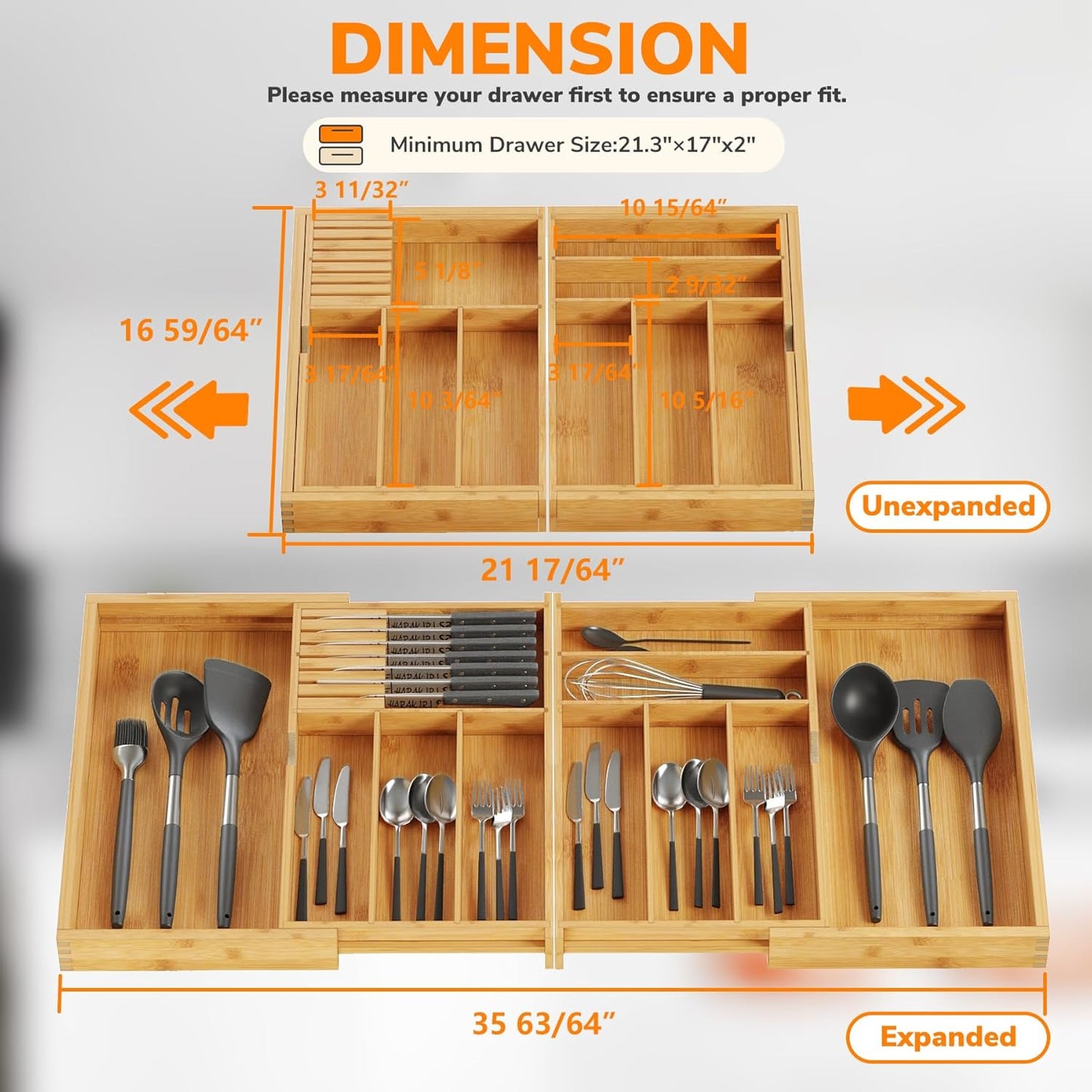 BAMEOS Expandable Silverware Drawer Organizer with Removable Knife Blocks, Bamboo Kitchen Utensil
