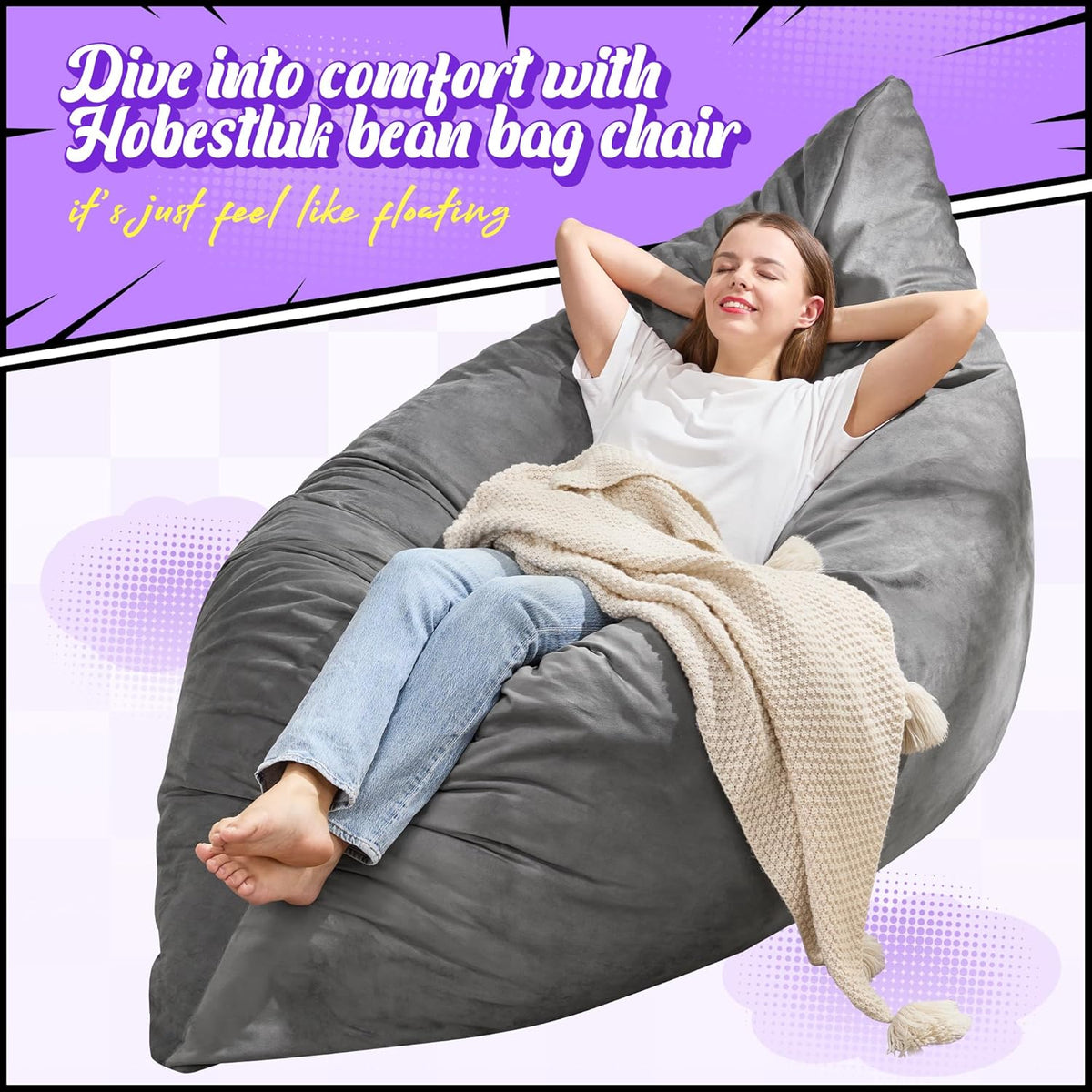 Hobestluk 3 in 1 Bean Bag Chair Giant Bean Bag Chairs for Adults with Velvet Cover Convertible Bean
