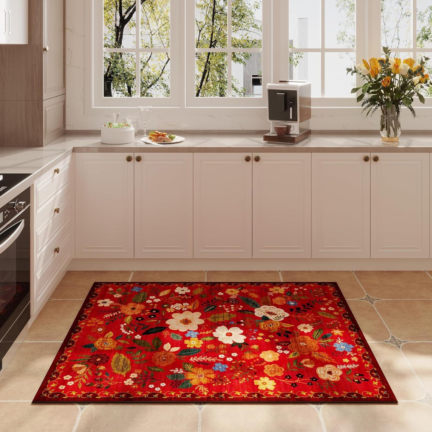 Door Mat Indoor Entrance 2x3 Rug Machine Washable Boho Floral Small Area Rug Non-Slip Low Pile
